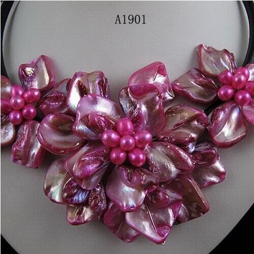 Handmade Shell Flower Leather Necklace,Pink Genuine Freshwater Pearl Shell Flower Real Leather ,Perfect Jewellery For Women