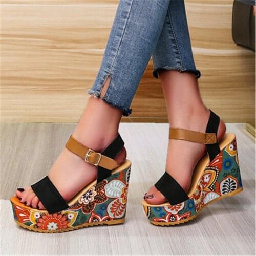 Summer Printed Wedges Sandals Women Fashion Open Toe Breathable Sandals Buckle Leather Anti-Slip Comfortable Casual Shoes Black