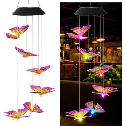 LED Colorful Solar Power Wind Chime Crystal Hummingbird Butterfly Waterproof Outdoor Windchime Solar Light for Garden Patio