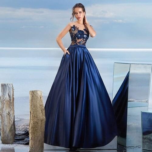 Dark Navy A-line Poretrait Jewel Sweep/Brush Floor length Applique Button Sleeveless Evening Dresses Fashion pockets