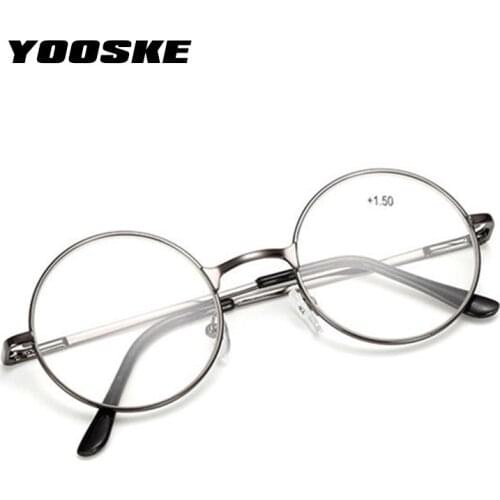 YOOSKE Reading Glasses Retro Men Women Round Mirror Metal Frame Glasses Plain Mirror Personalized + 100...+400