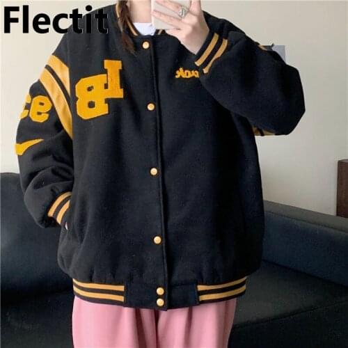 Flectit Oversized Varsity Jacket Women Bomber Jacket Coat Embroidered Letter Snap Button Long Sleeve Female School Girl Outfit