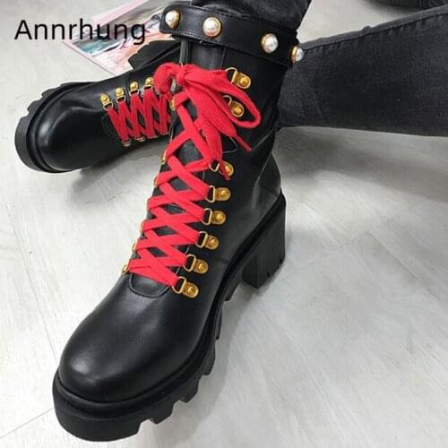 Cross-tied Ankle Boots Women Round Toe Platform Square High Heel Pearl Metal Decor Genuine Leather Winter Booties