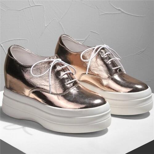 10cm Chunky High Heels Fashion Sneakers Women Lace Up Genuine Leather Wedges Ankle Boots Female Platform Creepers Casual Shoes