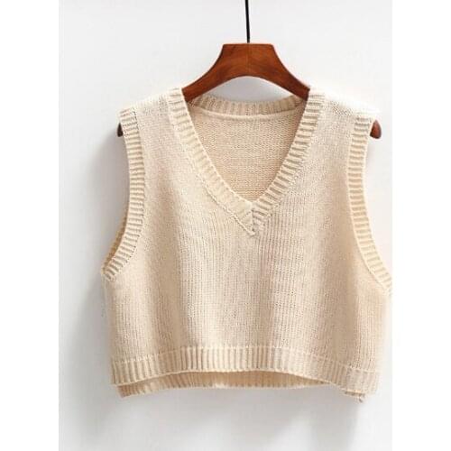 Fashion Korean Autumn Sleeveless Sweater Women Sweet Solid Color V Neck Knitted Loose Sleeveless Slim Vest Jumpers Pull Cloth