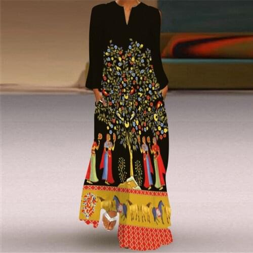 Autumn Retro Print Dresses 2021 Women Plus Size Long Sleeve V-Neck Beach Maxi Dreeses Loose Flowy Long Party Dress Vestido S-5XL
