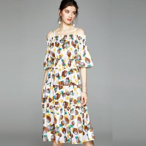 2021 Runway New Clothing Custom Summer Coconut Print Dress Women Sexy Slash Neck Short Sleeve Slim Pleated Midi Dresses Female