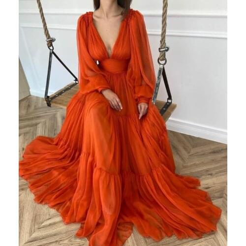 Vintage A-Line Long Sleeve V-Neck Chiffon Orange Prom Dresses Zipper Robe De Soiree Floor Length Formal Party Dresses for Women