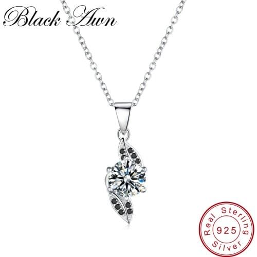 [BLACK AWN] Vintage Leaf Row Black Spinel Stone Necklaces Pendants for Women Genuine 100% 925 Sterling Silver Jewelry P141