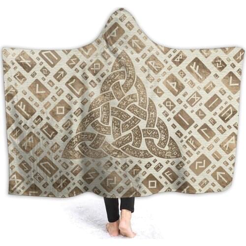 Winter throw warm flannel Triquetra And Futhark Runic Alphabet Hooded Blanket Viking Odin blankets for airplane travel Bedspread