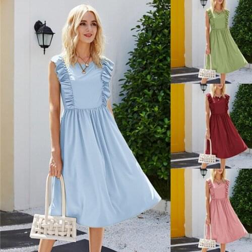 2021 Summer New Style Fashion Retro Ruffle Dress Womens Solid O-neck Sleeveless Summer Dress Plus Size Loose Casual