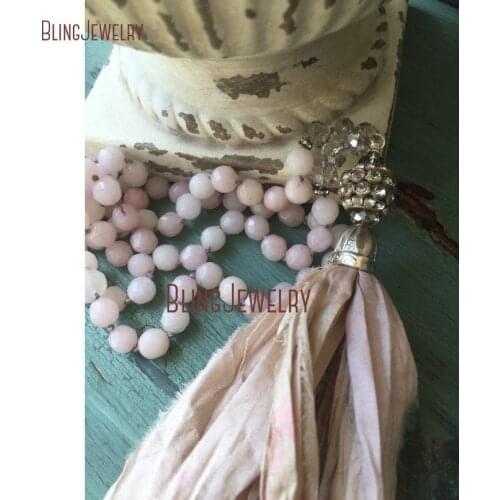 Knot Pale Pink Jades Beads Necklace Shabby BoHo Sari Silk Tassel Necklace NM15510