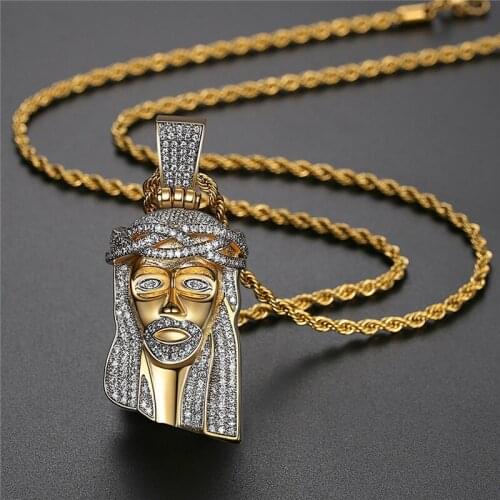 Iced Out Bling Cubic Zircon Jesus Christ Portrait Pendant Necklace Fashion Hip Hop Religious Jewelry Christian Rapper Necklace