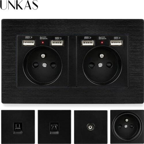 UNKAS Black Aluminum Panel EU / French Socket Dual USB Charge Port Hidden Soft LED + Female TV RJ45 Internet RJ11 Telephone Jack