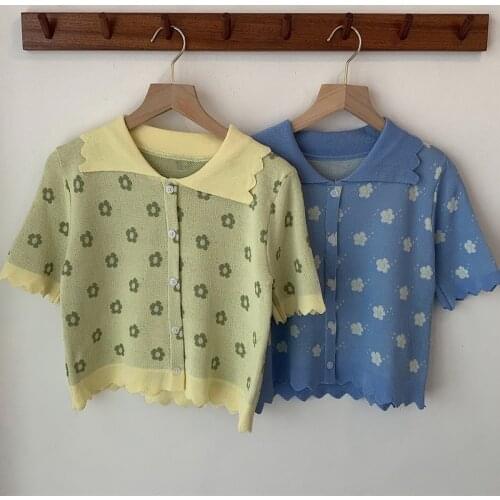 Cardigan Sweater Women 2021 Fashion Floral Printed Knitted Sweater Vintage Short Sleeve Female Outerwear Chic Tops Girls