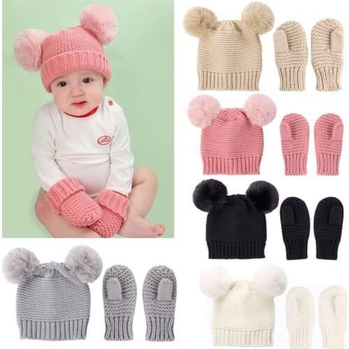 KLV 2020 Winter Warm Baby Hat+ Gloves Set Crochet Knit Fur Ball Hat Beanie Cap Kids Girls Boys Infant Baby Mittens Baby Bonnet