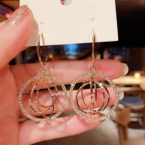 Korean Fashion Gold Color Pendant Earrings Round Circle Earrings Crystal Hollow Rhinestone Hoop Earrings Engagement Jewelry