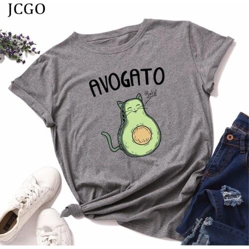 JCGO Summer T Shirt Women Cotton Plus Size S-5XL Funny Avocado Cat Print O-Neck Short Sleeve Woman TShirts Casual Lady Tee Tops