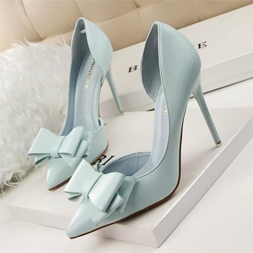 LNDASLY 2021 Fashion Delicate Sweet Bowknot High Heel Shoes Side Hollow Pointed Women Pumps Pointed Toe 10.5CM thin Dress Shoes