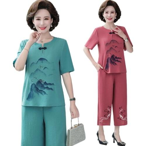 Mothers Summer Print cotton linen Sets Middle-aged elderly Women Plus size Loose Short-sleeve T-shirt Top+Pants Two-piece suit