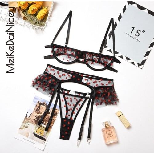 MeiKeDaiNicey Lace Hollow Sexy Bra and Panties Set Bright Stars Girl Heart Underwear Suit Mesh Garter Lingerie Set