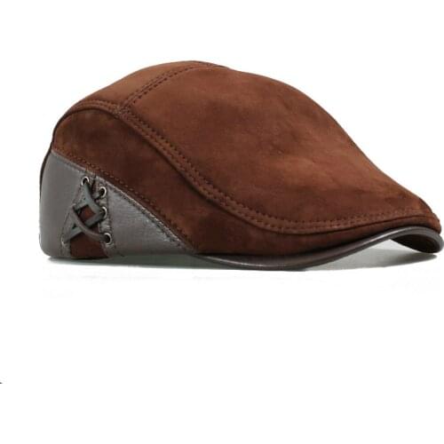 Wholesales European Style Genuine Leather Caps Beret Man Casual Sheepskin Suede Black/Brown Fitted Duckbill Hats Male Boina