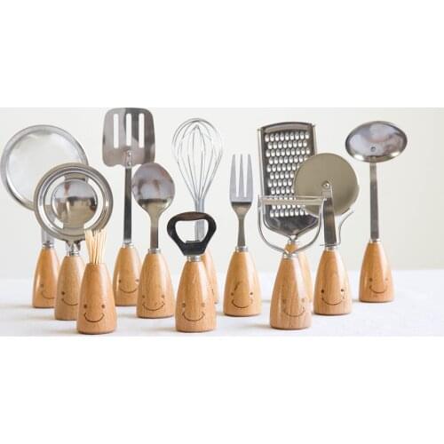 Japan Style Smiling Face Dishware Wooden Handle Stainless Steel Tableware Creative Baking Tool Zakka Spoon and Fork Whisk