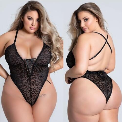 Christmas Sexy Underwear Plus Size Lingerie 3XL-5XL Black Leopard Print Deep V-neck Mesh Sheer Bodysuits Nightwear Womens 2020