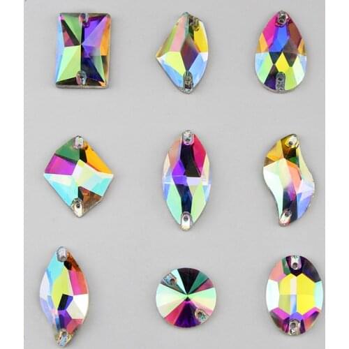 All shape sew on rhinestone sewing crystal AB flatback glass Button holes rivoli Oval heart ab color for wedding dress
