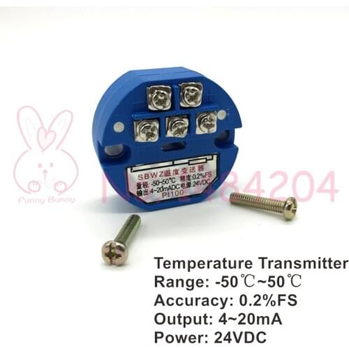 Temperature Transmitter Pt100 RTD Module -50~50C Output 4-20mA Power DC24V Accuracy 0.2%FS 0~100C/ 150/ 200C/ 300C/ -20~80C