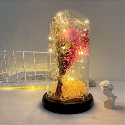 Eternal Rose in Glass Dome with Led Copper Light Dry Sea Lavender Gypsophila Flower Table Display Light Ornament Gift for Lover