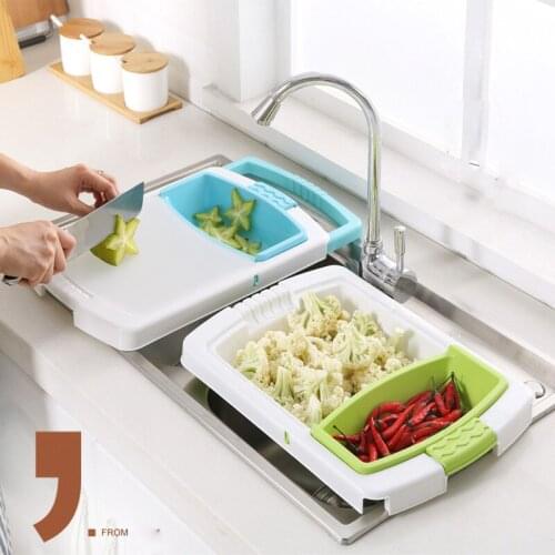 Extendable Handles Collapsible Basin Colander Cutting Board 3-in-1 Fruit Vegetable Container Drain Basket Over Sink Strainer