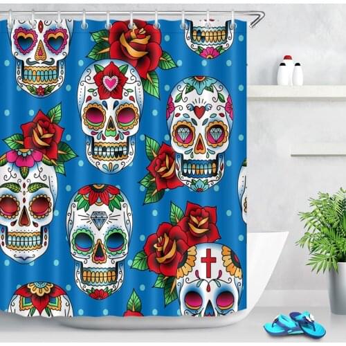 72'' Sugar Skulls In Mexican Style Customized Bathroom Waterproof Fabric Shower Curtain Polyester 12 Hooks Bath Accessory Sets