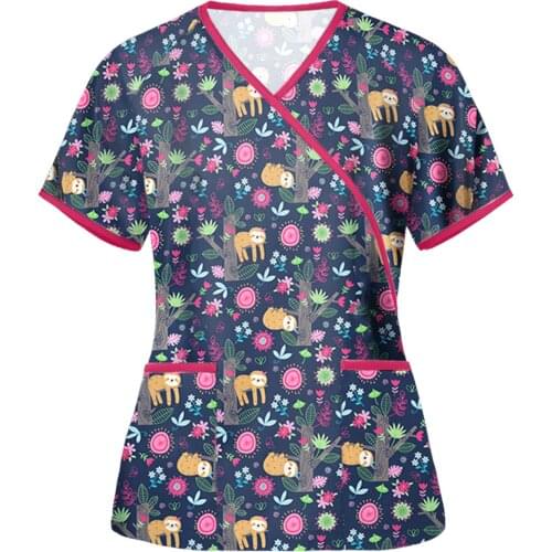 Working Nurse Uniform Blouse Shirt Cartoon Printing Bandage V Neck Short Sleeve New Nursing Blouse for Women Mukoti Yunifomu