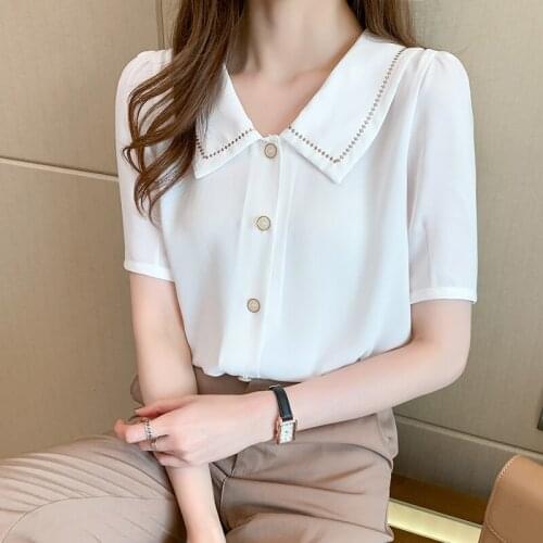 2021New Retro Womens Solid color White Chiffon shirt Female Loose short sleeve Doll collar Shirts Lady Simple Style Tops