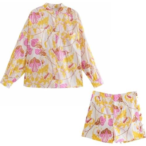 2021 Summer Women Totem Floral Print Shorts Suit Female Chic Zipper Casual Slim Shorts ladies Long Sleeve Shirt