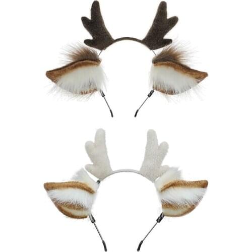 Women Animal Deer Ears Headdress Plush Antler Hairband Furry Headband Anime for Halloween Christmas Cosplay Accessories