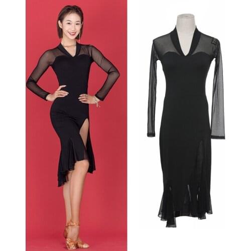 Women Latin Dance Dress Female Adult Summer Mesh Stitching Side Slit Clothes Sexy Long Sleeved Dress Performance Dress DN9652