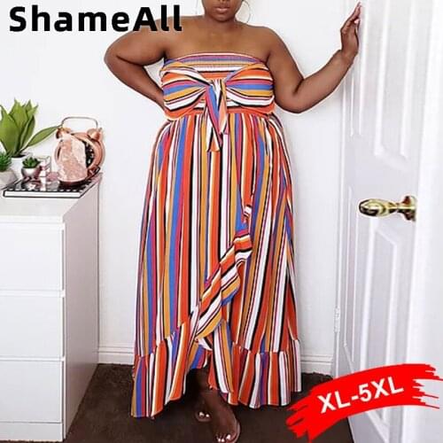 Plus Size Vintage Stripe Print Off Shoulder Summer Dress 4XL Women Asymmetry Ruffle Boho Holiday Elegant Beach Long Maxi Dresses