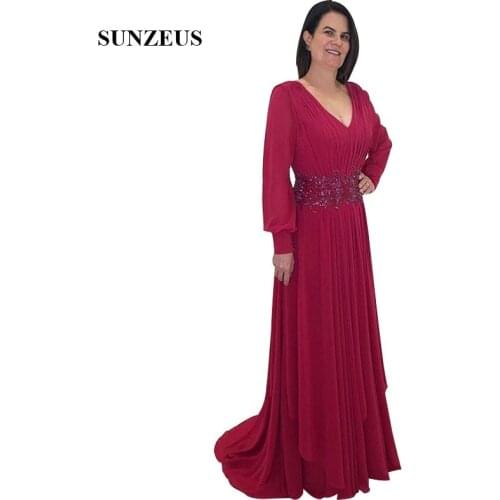 2019 Fall Long Sleeves Mother Of The Bride Dresses A-line V-neck Red Chiffon Women Party Gowns Elegant Formal Dress Evening Lady