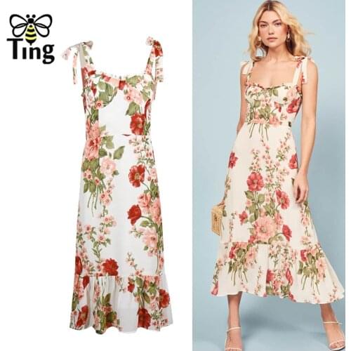 Tingfly Vintage Elegant Strap Slim Floral Printing Summer Midi Long Dress Bohemian Casual Chic Lady Street Sundresses Elbise Za