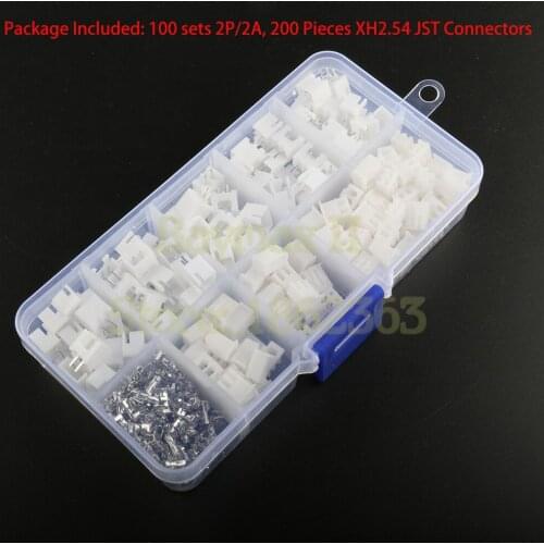 100 sets XH2.54 2P/2A Kit with 200 pieces 2.54mm Pitch JST Connectors