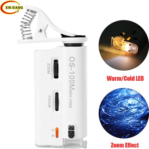 60-100X Adjustable Phone Magnifier Clamp Clip On Magnifier Portable Warm/Cold Led Magnifying Glasses Mini Pocket Microscope