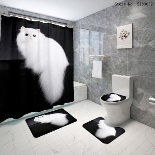 Cat Bathroom Accessories Polyester Bath Curtain Toilet Lid Cover Dust Bath Mat Rug Set Kids Cartoon Animals Bath Set Mat Rug