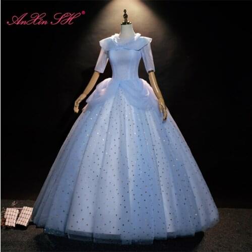 AnXin SH vintage Fairy tale princess blue lace ruffles short sleeve bride sparkly ball gown stage golden star evening dress