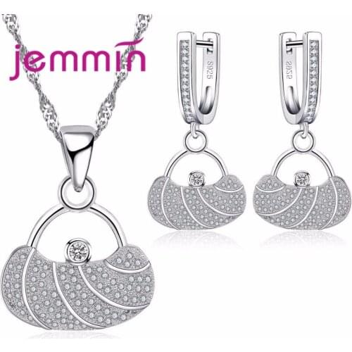 Handbag Shape Unique Design 925 Sterling Silver Rhinestone Pendants Necklaces Earrings Jewelry Set For Women Party Bijoux