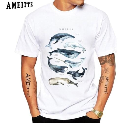 Funny Whale Art Print T-Shirt New Summer Men Short Sleeve Animal Design White Casual Tops Hip Hop Cool Boy Tees