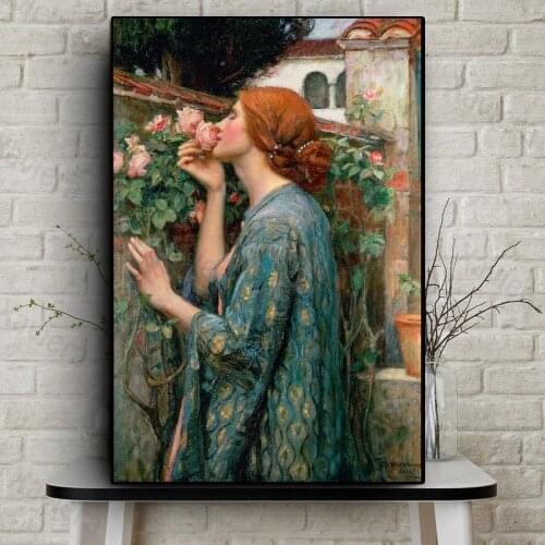 John William Waterhouse Art Canvas Painting Mythical Goddess and Roses Retro Poster Picture Home Decoration Living Room Artwork