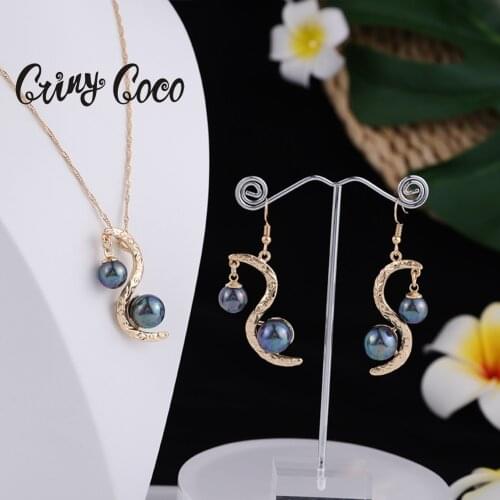 Cring Coco Hawaiian Tribe Jewelry Sets Trendy Polynesian Gold Plated Pink Pearl Earrings and Necklaces Set for Women Party 2021
