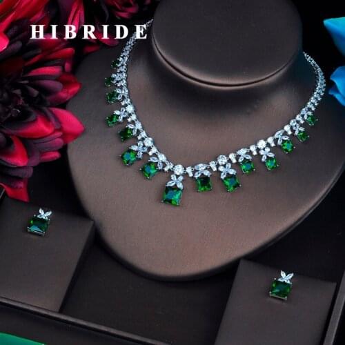 HIBRIDE Sparkling Green Cubic Zirconia Jewelry Sets For Women Earring Necklace Set Wedding Dress Accessories Party Gifts N-485